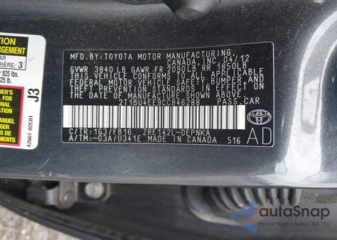 2012 Toyota Corolla Le z USA, uszkodzony, nr VIN 2T1BU4EE9CC846288